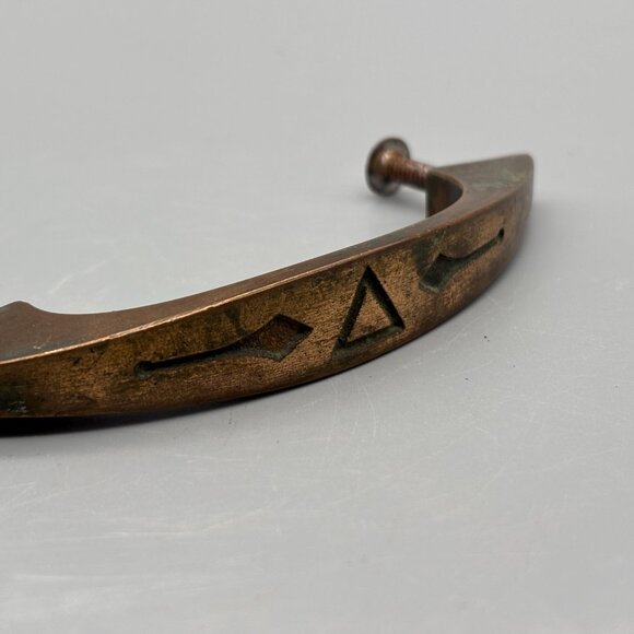 Vintage Mid-Century Brass Drawer Pulls With Geometric Etched Pattern Set Of Two - Picture 2 of 4